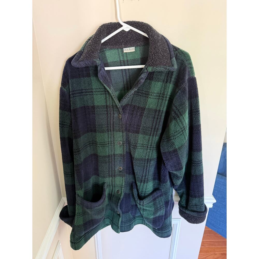 L.L. Bean Men’s Green/Navy Plaid Shacket Button-Down Chore Fleece Outdoors- L - Picture 2 of 9
